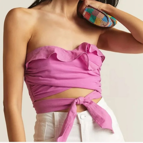 Anthropologie ruffle front tie knot tube top, pink Size Small - Picture 1 of 9